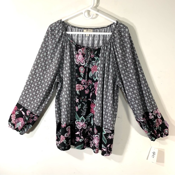Style & Co Mixed Print Bishop Sleeve Top - Picture 2 of 10
